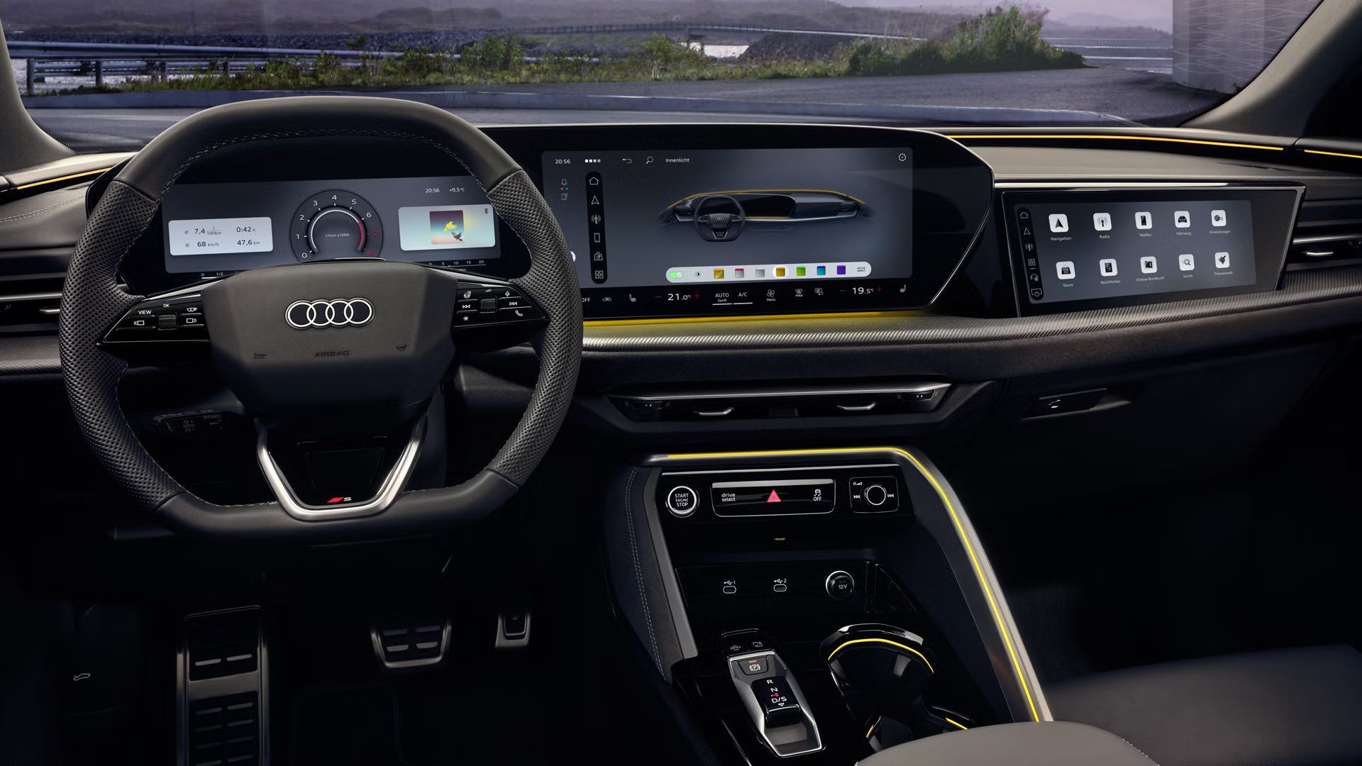 Blick von der Fahrerperspektive in das Cockpit des Q5 Sportback.